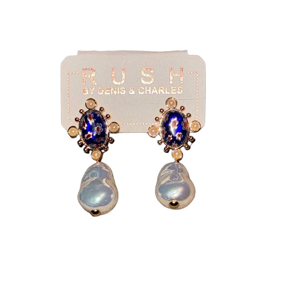 RUSH by Denis & Charles Baroque Pearl Drop Earrings Blue Enamel Gold Tone NWT